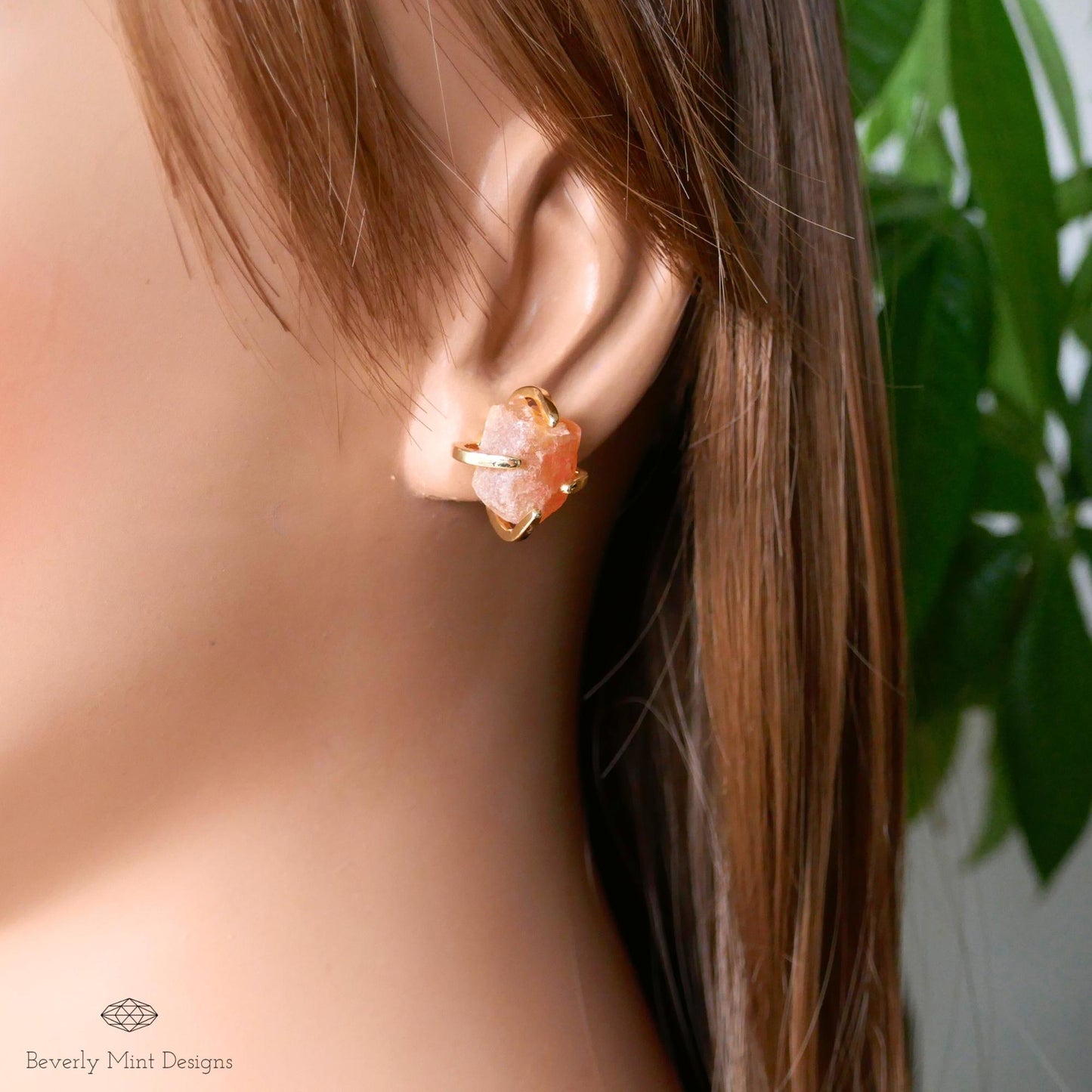 Red Agate Stud Earrings with 18K Gold, Red Orange Stone Earrings, 1/2 -3/4 inches, Natural Raw Stone, Chakra Stone, Gift For Her