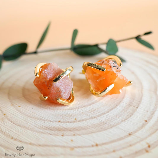 Red Agate Stud Earrings with 18K Gold, Red Orange Stone Earrings, 1/2 -3/4 inches, Natural Raw Stone, Chakra Stone, Gift For Her