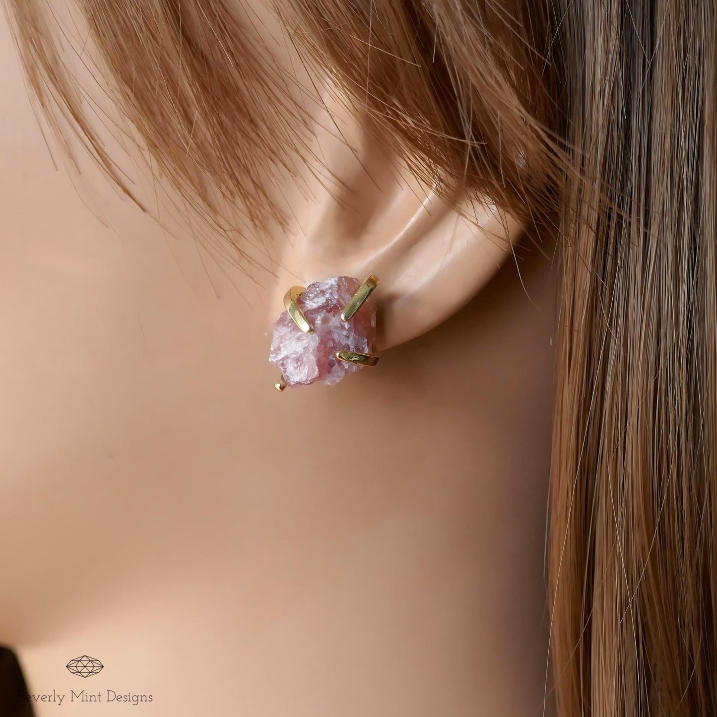 Strawberry Quartz Stud Earrings with 18K Gold, Purple Earrings,  1/2 -3/4 inches, Natural Raw Stone, Chakra Stones, Gift For Her