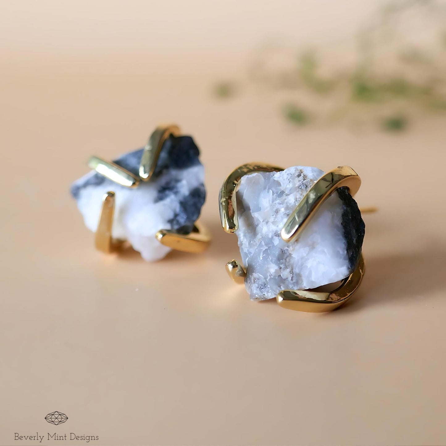 Black and White Zebra Stone Stud Earrings with 18K Gold, Black and White Stone Earrings,  1/2 -3/4 inches, Natural Raw Stone, Chakra Stones