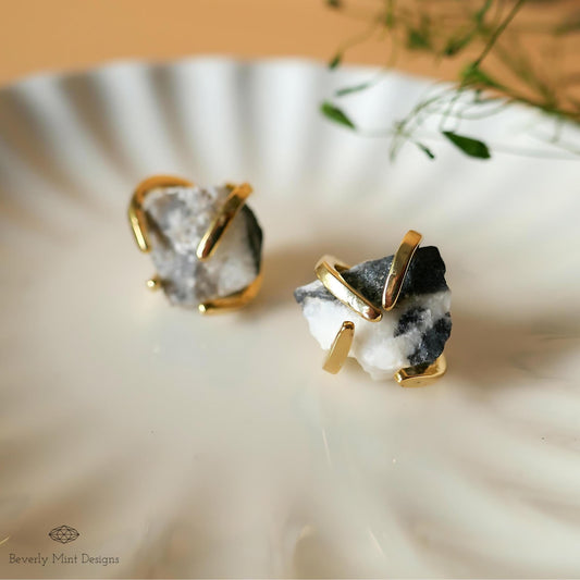 Black and White Zebra Stone Stud Earrings with 18K Gold, Black and White Stone Earrings,  1/2 -3/4 inches, Natural Raw Stone, Chakra Stones
