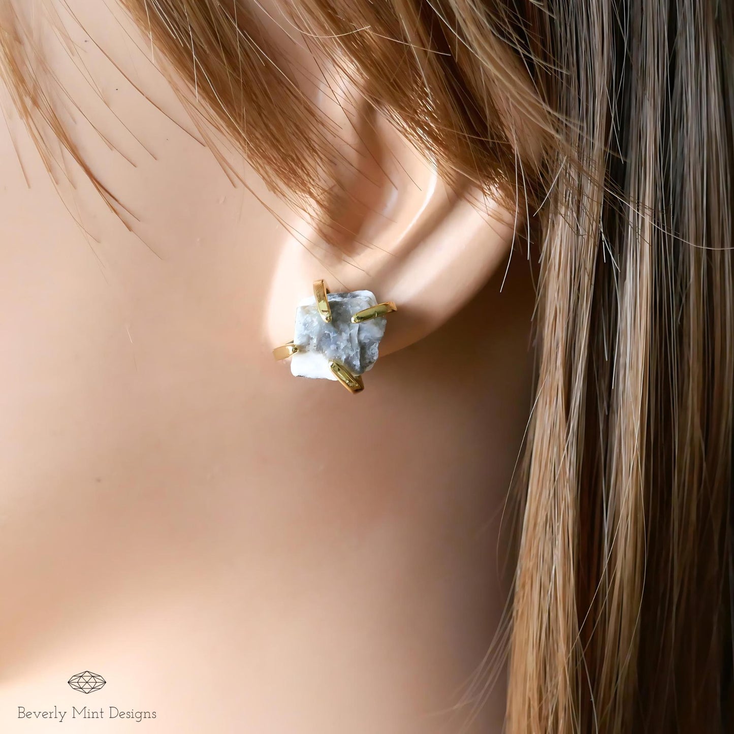 Black and White Zebra Stone Stud Earrings with 18K Gold, Black and White Stone Earrings,  1/2 -3/4 inches, Natural Raw Stone, Chakra Stones