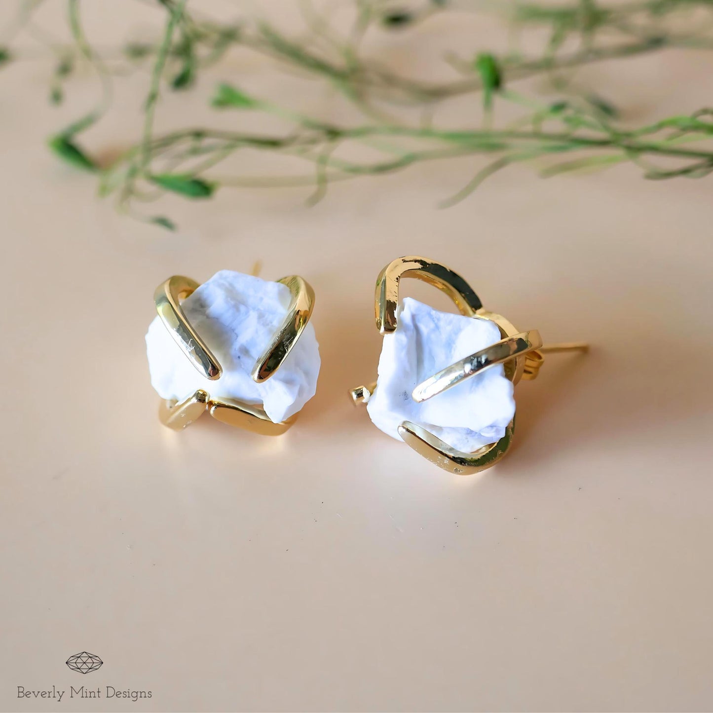 Howlite Stud Earrings with 18K Gold, White Stone Earrings, 1/2 -3/4 inches, Natural Raw Birthstone For June, Chakra Stones, Gift For Her