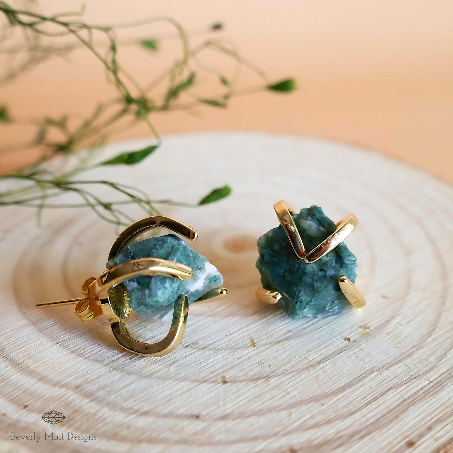 Aquatic Agate Stud Earrings with 18K Gold, Green Stone Earrings,  1/2 - 3/4 inches, Natural Raw Stone Earrings, Chakra Stone
