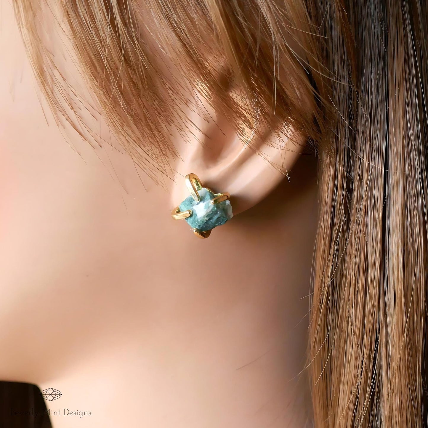 Aquatic Agate Stud Earrings with 18K Gold, Green Stone Earrings,  1/2 - 3/4 inches, Natural Raw Stone Earrings, Chakra Stone