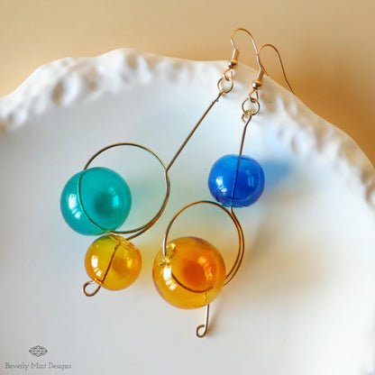 Glass Ball Dangle Earrings, Artistic Gold Wire Drop Jewelry, Multicolor Earrings, Unique Gift, Sensitive Ear & Clip-On Options