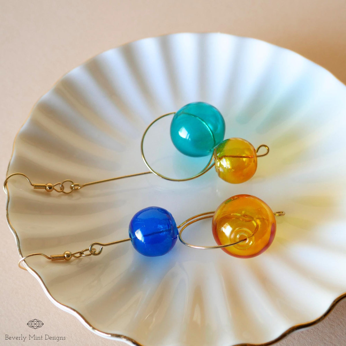 Glass Ball Dangle Earrings, Artistic Gold Wire Drop Jewelry, Multicolor Earrings, Unique Gift, Sensitive Ear & Clip-On Options