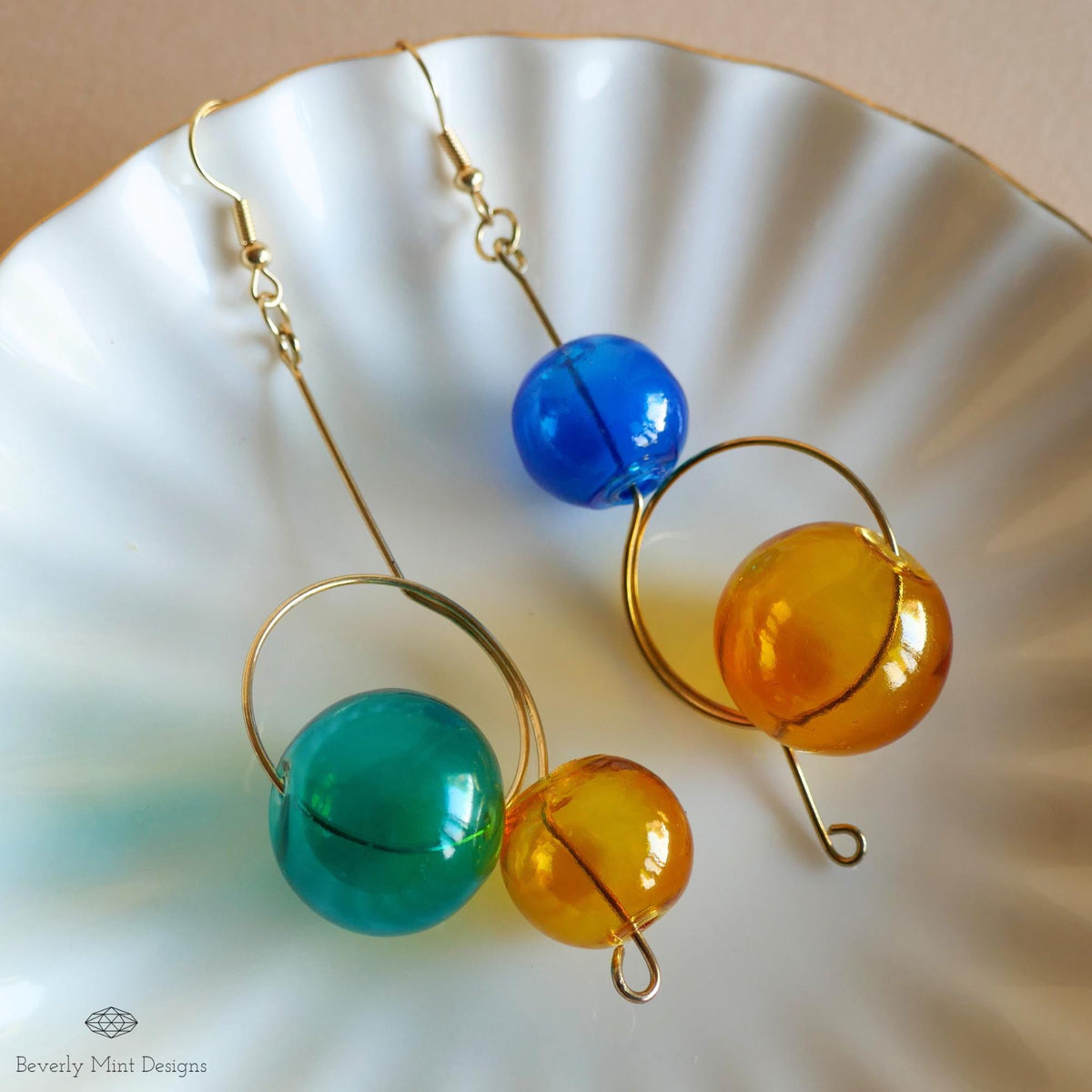 Glass Ball Dangle Earrings, Artistic Gold Wire Drop Jewelry, Multicolor Earrings, Unique Gift, Sensitive Ear & Clip-On Options