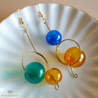 Glass Ball Dangle Earrings, Artistic Gold Wire Drop Jewelry, Multicolor Earrings, Unique Gift, Sensitive Ear & Clip-On Options