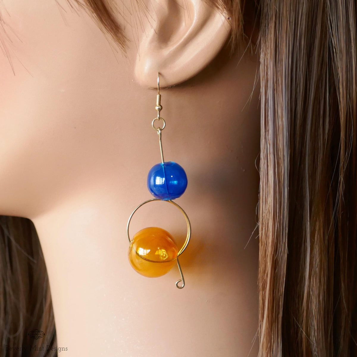 Glass Ball Dangle Earrings, Artistic Gold Wire Drop Jewelry, Multicolor Earrings, Unique Gift, Sensitive Ear & Clip-On Options