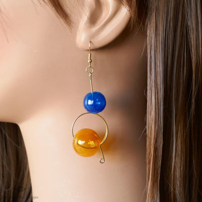 Glass Ball Dangle Earrings, Artistic Gold Wire Drop Jewelry, Multicolor Earrings, Unique Gift, Sensitive Ear & Clip-On Options