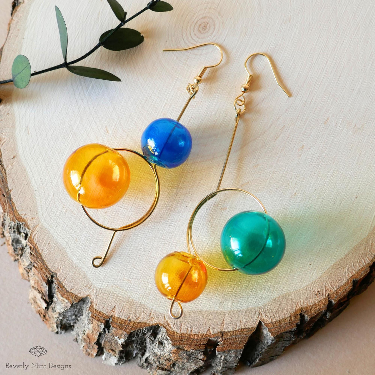 Glass Ball Dangle Earrings, Artistic Gold Wire Drop Jewelry, Multicolor Earrings, Unique Gift, Sensitive Ear & Clip-On Options