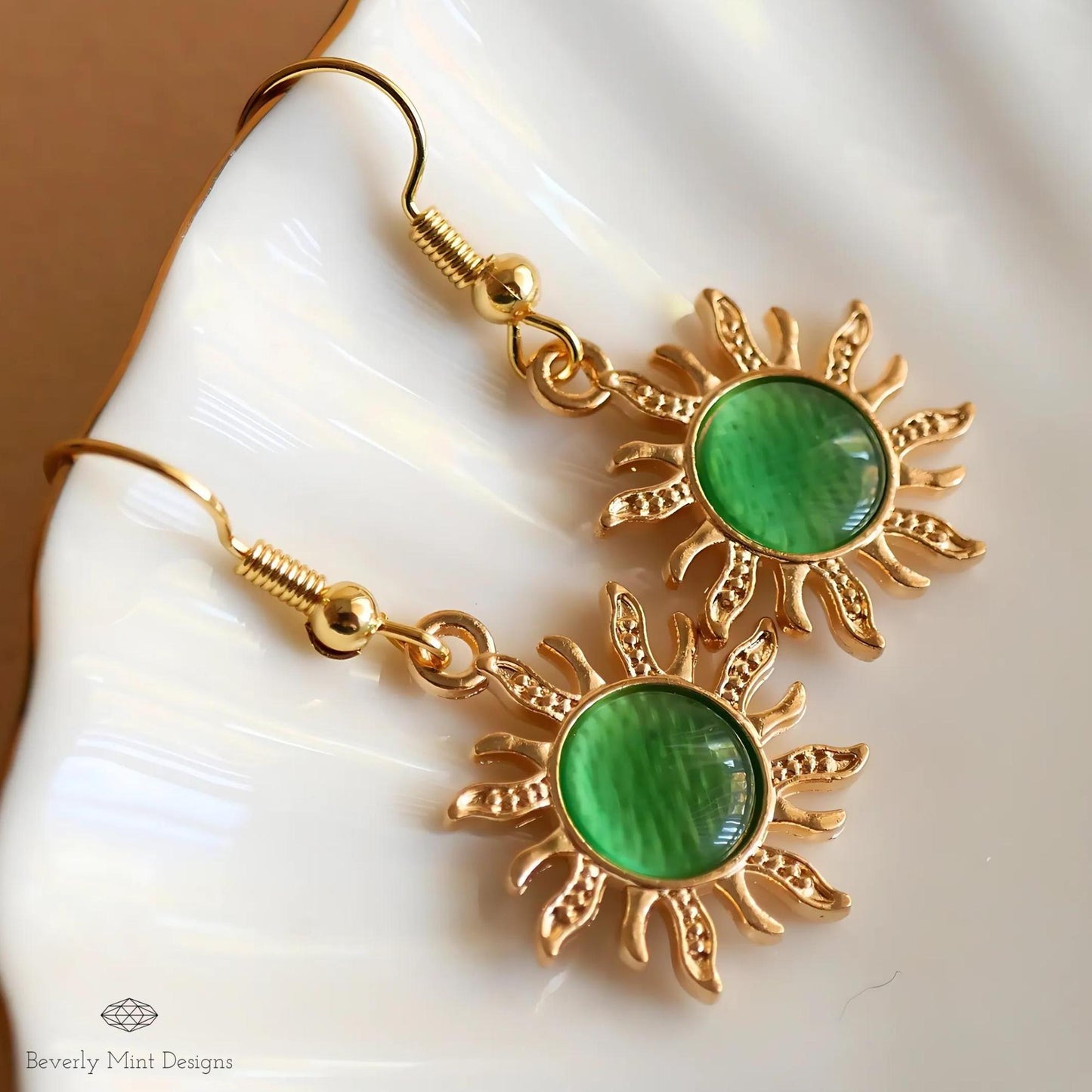 Sun Earrings, 18K Gold Boho Sun Earrings, Green Earrings, Bohemian Style Earrings, Gold Sunburst Earrings, Gift For Her
