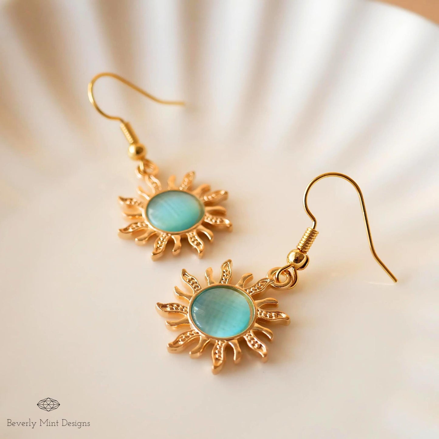 Sun Earrings, 18K Gold Boho Sun Earrings, Turquoise Blue Earrings, Bohemian Style Earrings, Gold Sunburst Earrings, Gift For Her