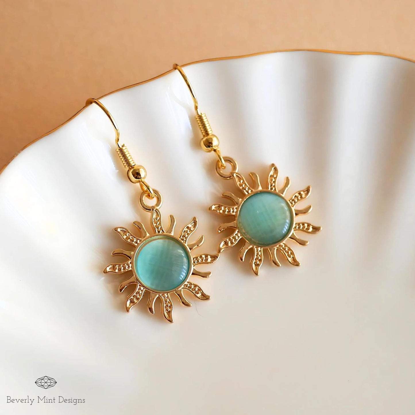 Sun Earrings, 18K Gold Boho Sun Earrings, Turquoise Blue Earrings, Bohemian Style Earrings, Gold Sunburst Earrings, Gift For Her
