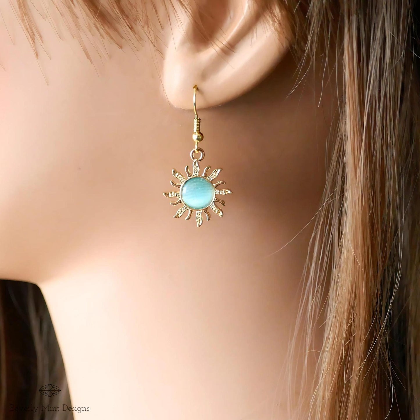 Sun Earrings, 18K Gold Boho Sun Earrings, Turquoise Blue Earrings, Bohemian Style Earrings, Gold Sunburst Earrings, Gift For Her
