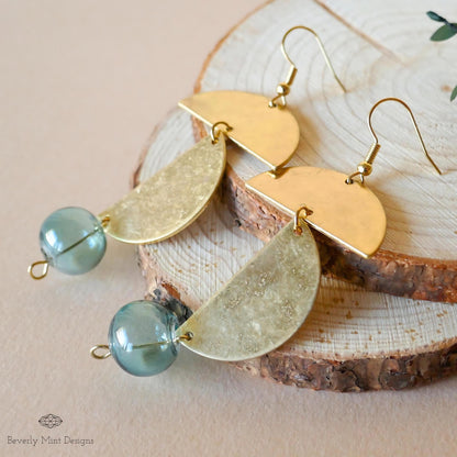 Vintage Style Green Glass Ball Dangle Earrings, Textured Gold Long Earrings, Sensitive Ear & Clip-On Options