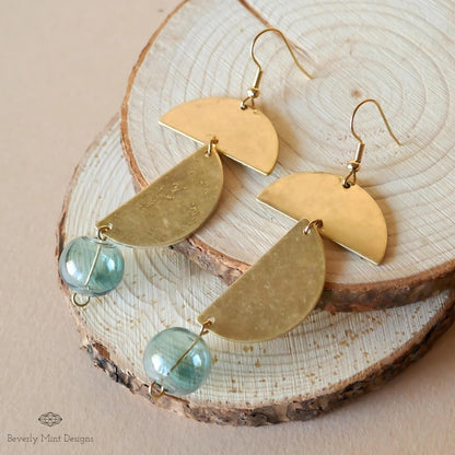 Vintage Style Green Glass Ball Dangle Earrings, Textured Gold Long Earrings, Sensitive Ear & Clip-On Options