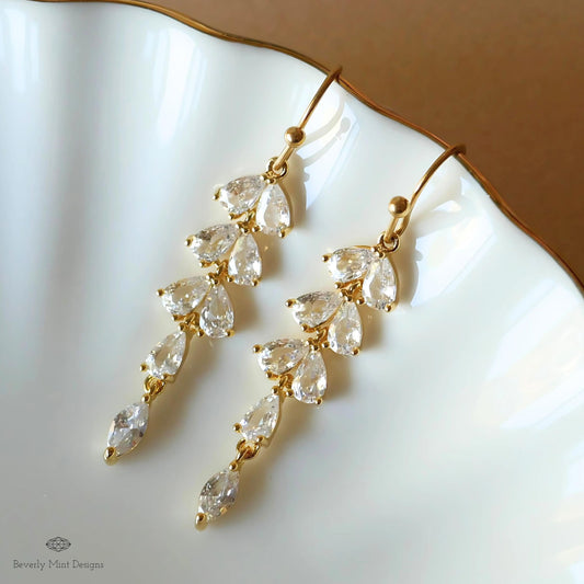 Crystal Tassel Earrings, Tassel Leaf Earrings, Zircon Earrings ,Dangle and Drop Earrings, Bridal Jewelry, Wedding Gift, Bridesmaids gift