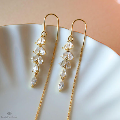 18K Gold Crystal Dainty Earrings, Leaf Threader Earrings, Zircon Earrings ,Dangle and Drop Earrings, Wedding Gift, Bridesmaids gift