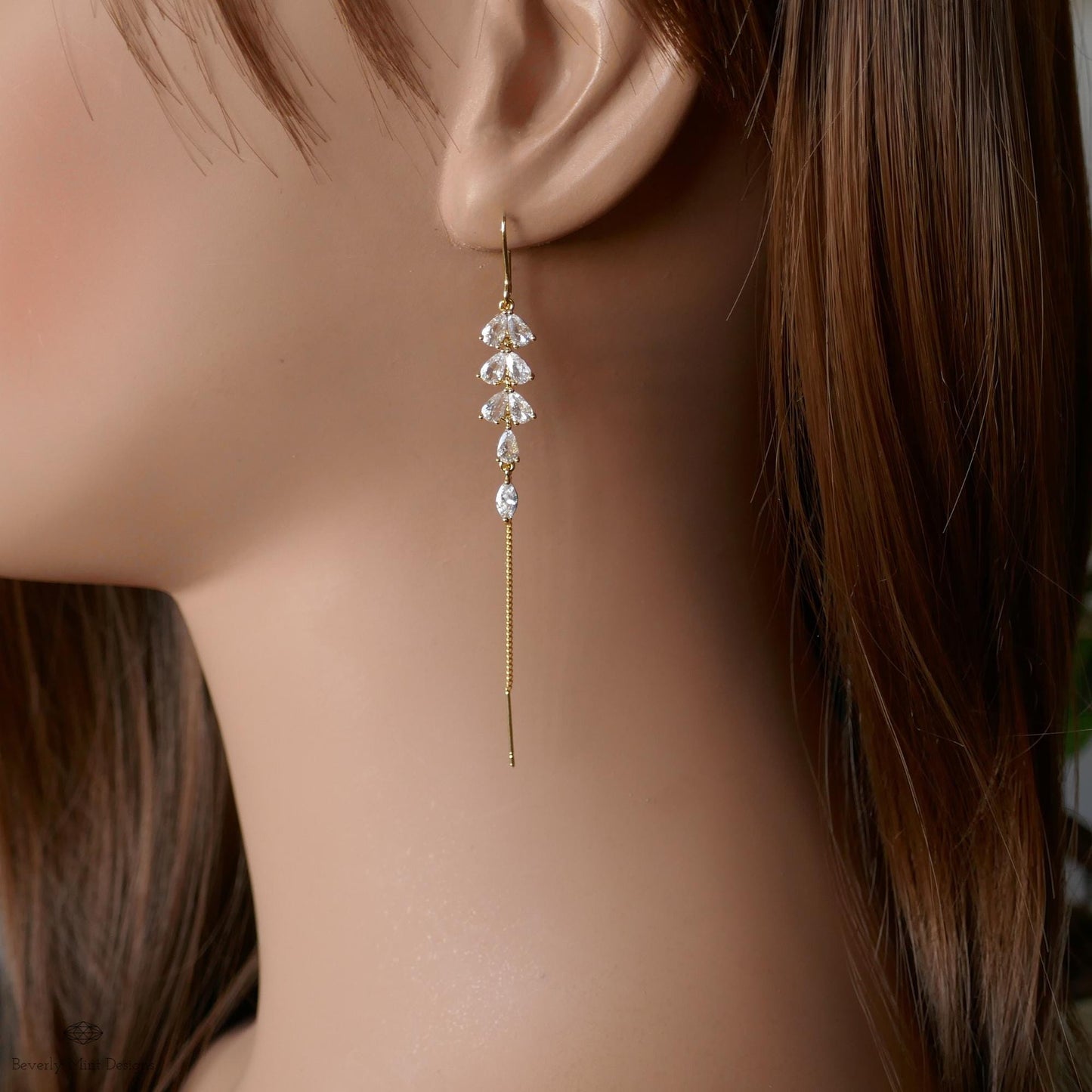 18K Gold Crystal Dainty Earrings, Leaf Threader Earrings, Zircon Earrings ,Dangle and Drop Earrings, Wedding Gift, Bridesmaids gift