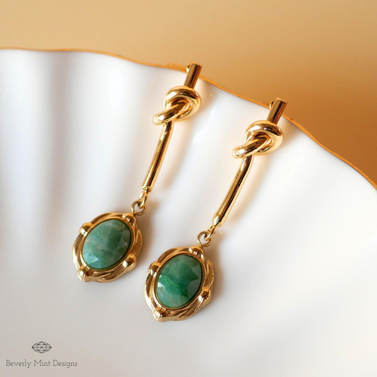 Gold Drop Earrings with Green Gemstone ,Vintage-Style Dangle Earrings , Elegant Knot Design Jewelry for Women ,Gift for Her