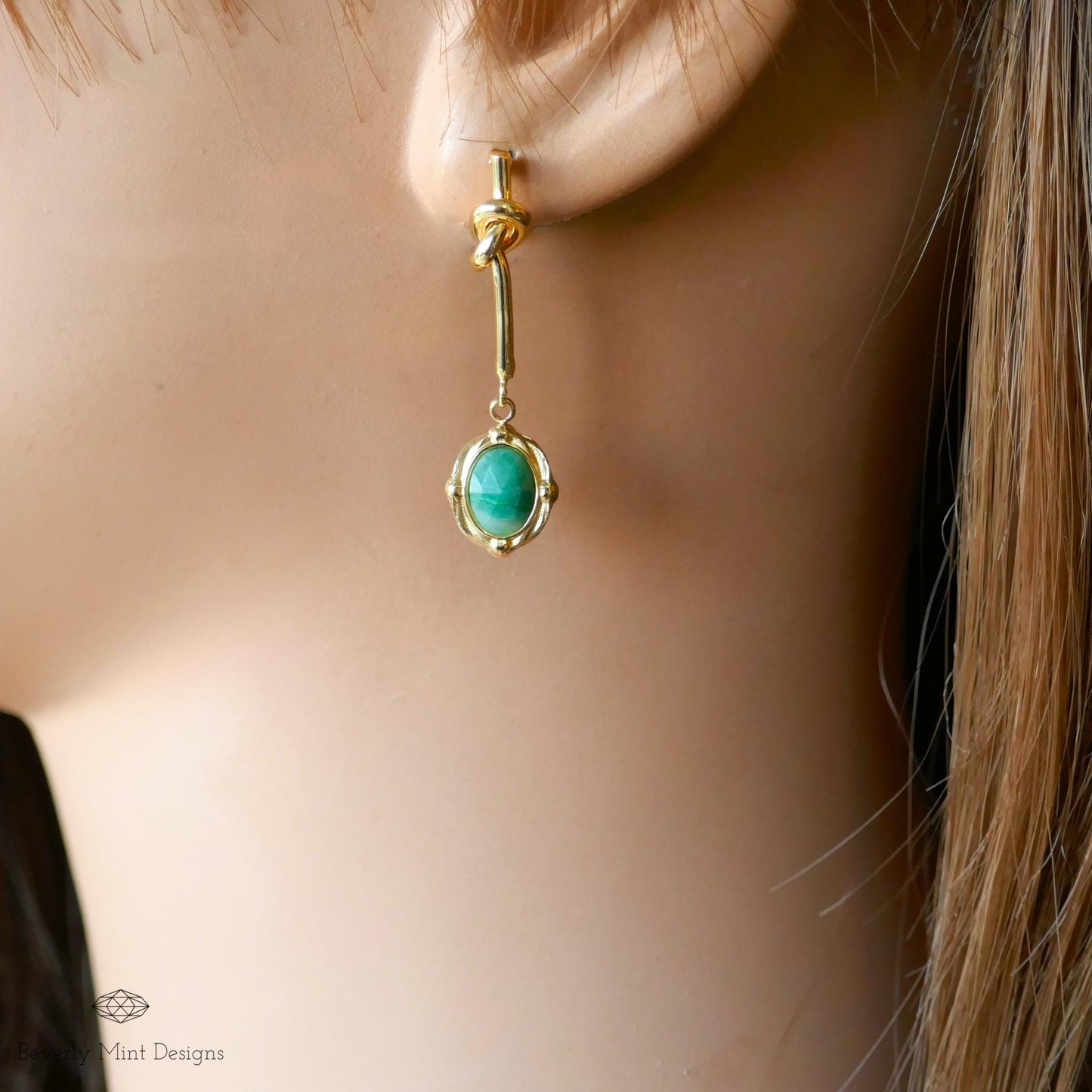 Gold Drop Earrings with Green Gemstone ,Vintage-Style Dangle Earrings , Elegant Knot Design Jewelry for Women ,Gift for Her
