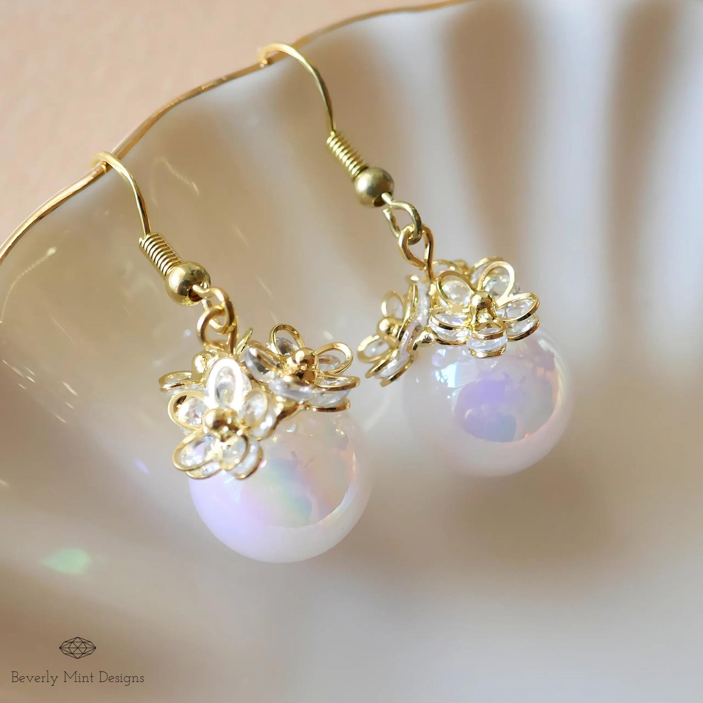 Gold Flower Pearly Drop Earrings, Floral Dangle Earrings with 18K Gold , Flower Jewelry, Iridescent Opal Bead Earrings, Gift for Her
