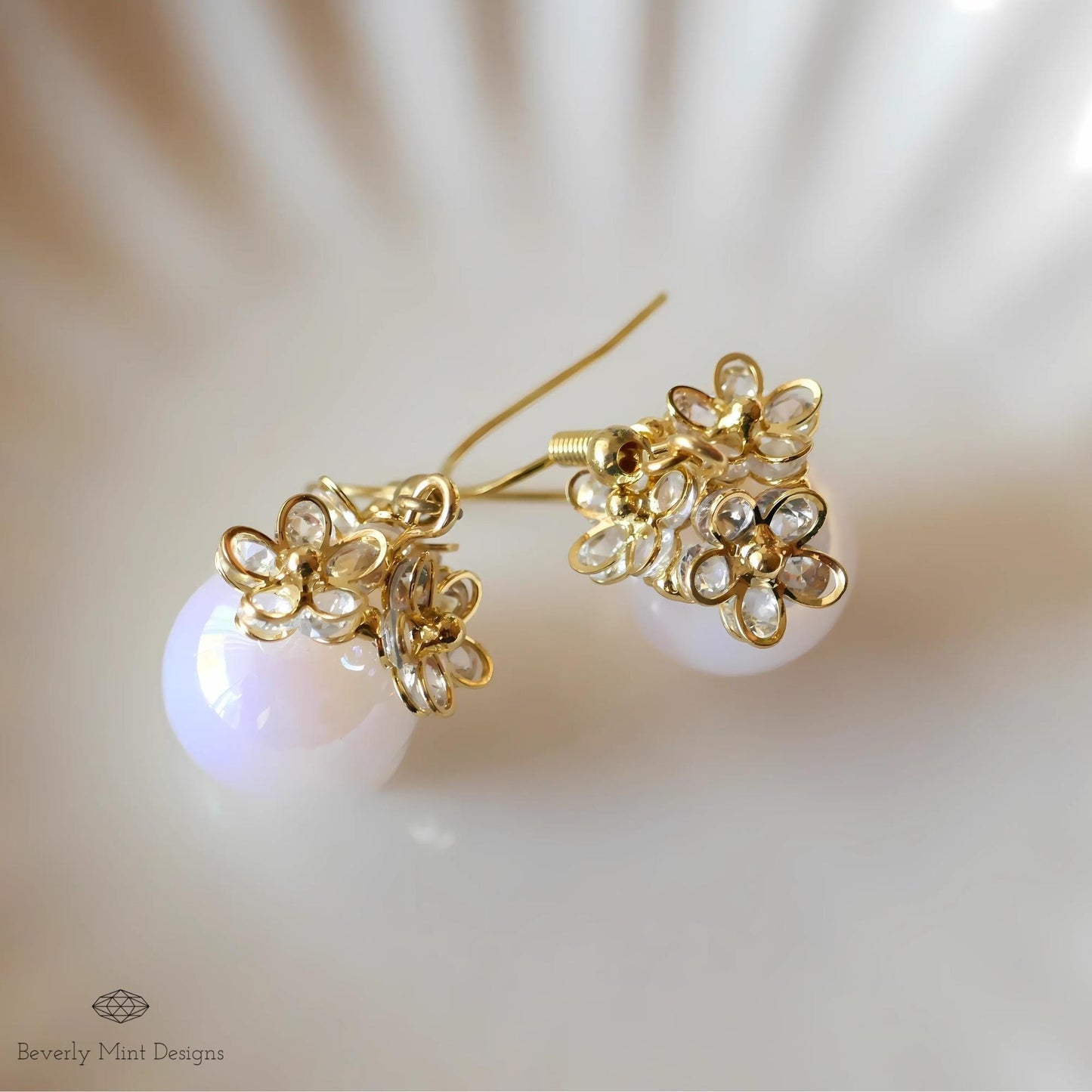 Gold Flower Pearly Drop Earrings, Floral Dangle Earrings with 18K Gold , Flower Jewelry, Iridescent Opal Bead Earrings, Gift for Her