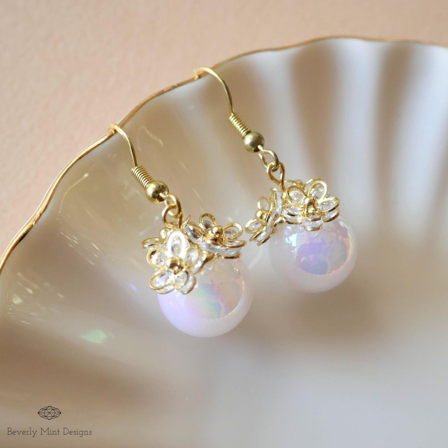 Gold Flower Pearly Drop Earrings, Floral Dangle Earrings with 18K Gold , Flower Jewelry, Iridescent Opal Bead Earrings, Gift for Her