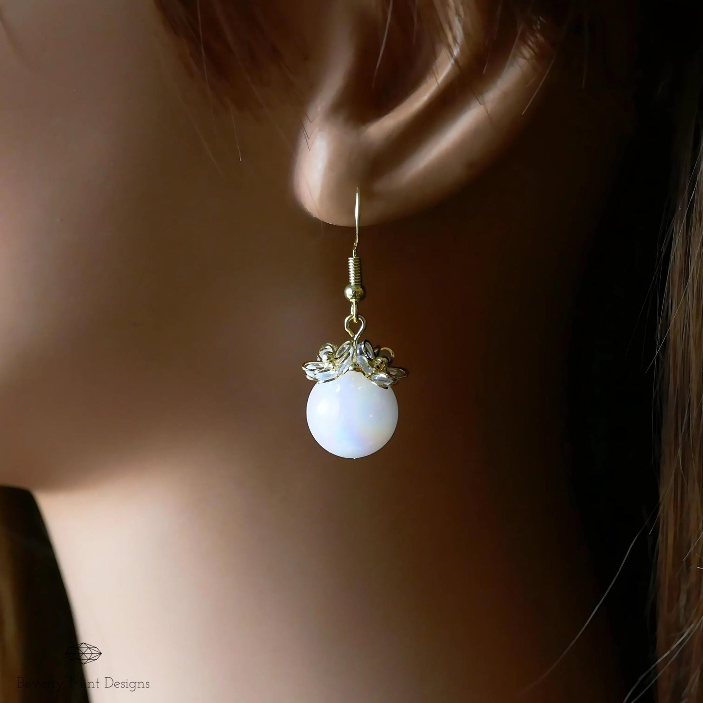 Gold Flower Pearly Drop Earrings, Floral Dangle Earrings with 18K Gold , Flower Jewelry, Iridescent Opal Bead Earrings, Gift for Her