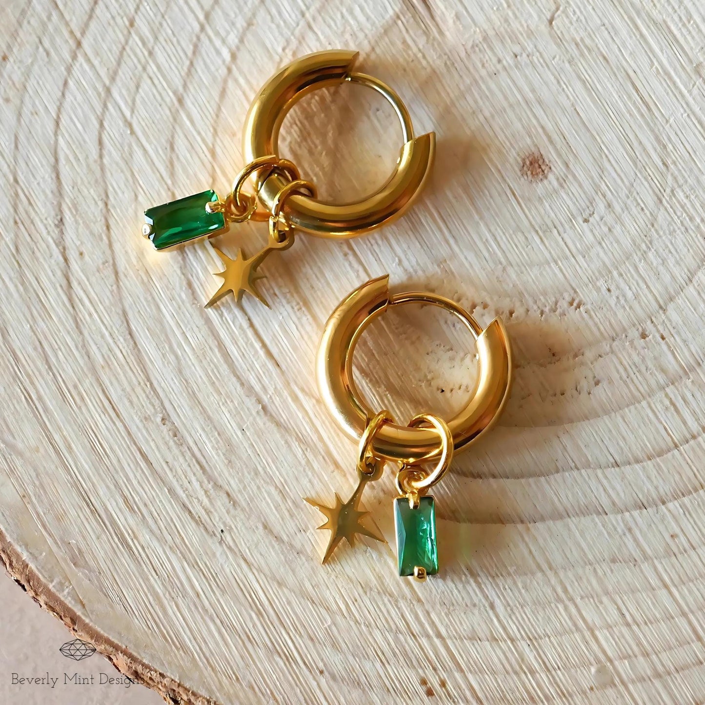Gold Hoop Earrings with Green Gem and Starburst, Celestial Dangle Earrings, Minimalist Modern Jewelry, Chunky Huggie Hoops, Unique Gift