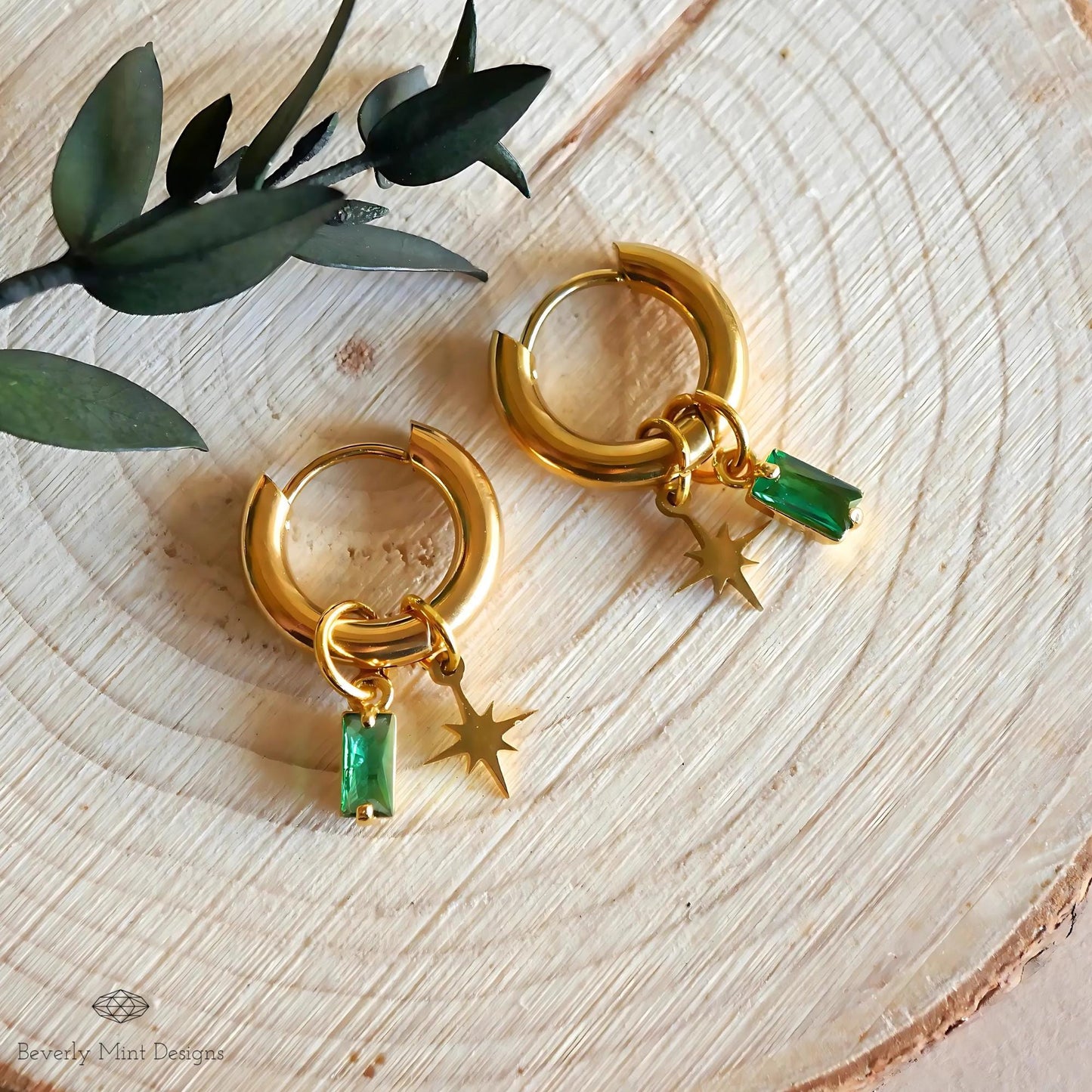 Gold Hoop Earrings with Green Gem and Starburst, Celestial Dangle Earrings, Minimalist Modern Jewelry, Chunky Huggie Hoops, Unique Gift