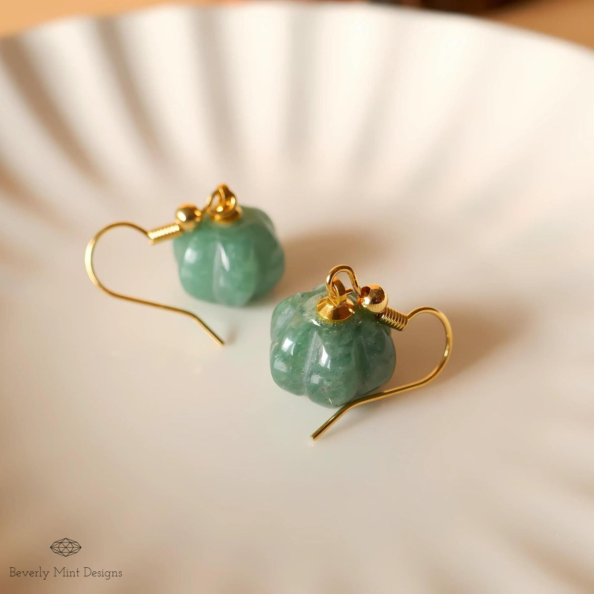 Halloween Pumpkin Earrings, Green Aventurine Green Stone Earrings, Cute Green Pumpkin Earrings, Sensitive Ear & Clip-On Options