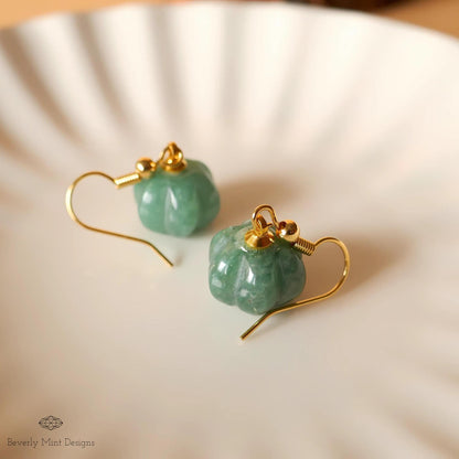 Halloween Pumpkin Earrings, Green Aventurine Green Stone Earrings, Cute Green Pumpkin Earrings, Sensitive Ear & Clip-On Options