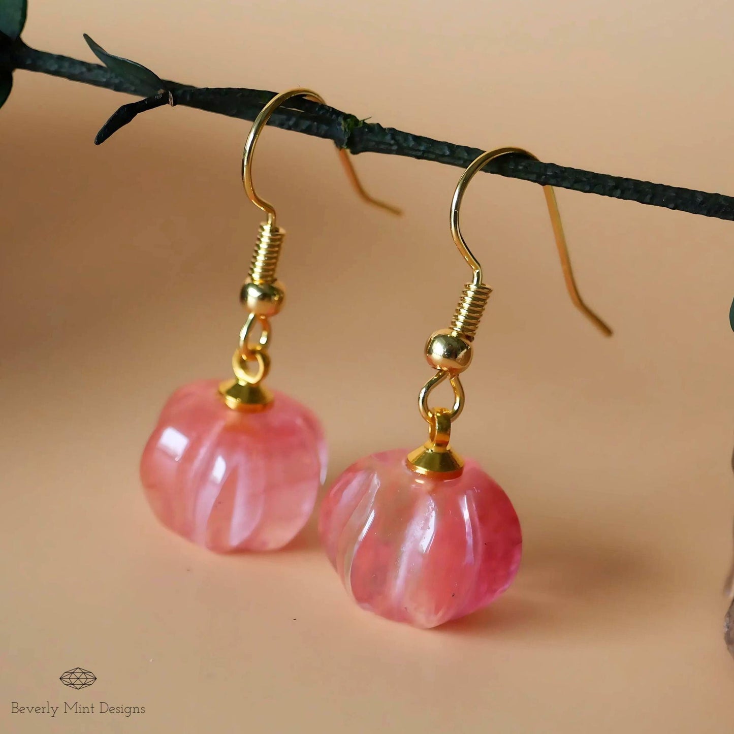 Halloween Pumpkin Earrings, Watermelon Red Stone Earrings, Cute Red Pumpkin Earrings, Fun Halloween Jewelry, Gift For Her