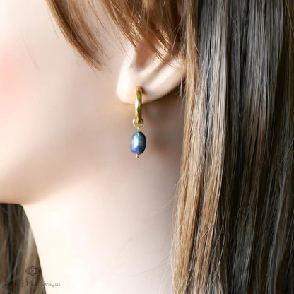 Gold Hoop Earrings with Black Baroque Pearl Beads, Minimalist Pearl Dangle Earrings, Elegant Statement Jewelry, Modern Gift for Her