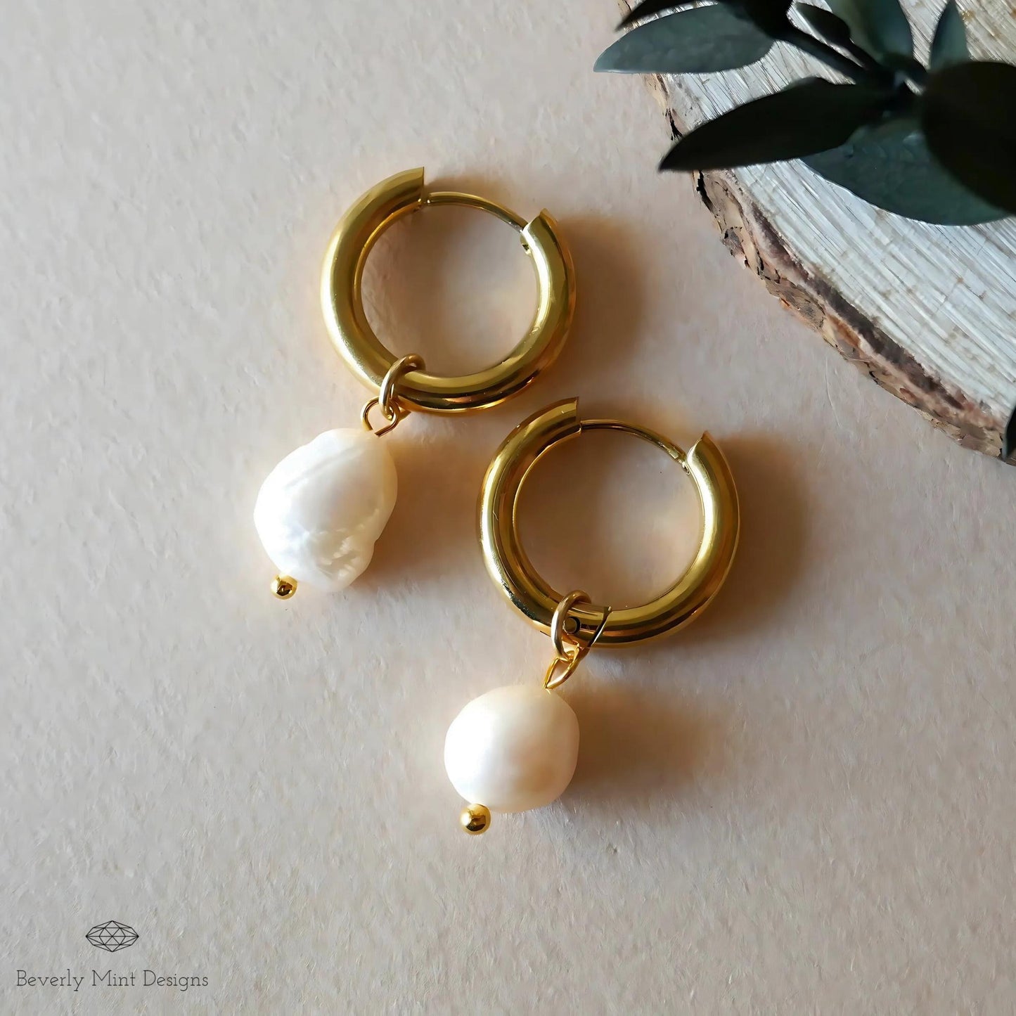 Gold Hoop Earrings with White Baroque Pearl Beads, Minimalist Pearl Dangle Earrings, Elegant Statement Jewelry, Classic Gift for Her
