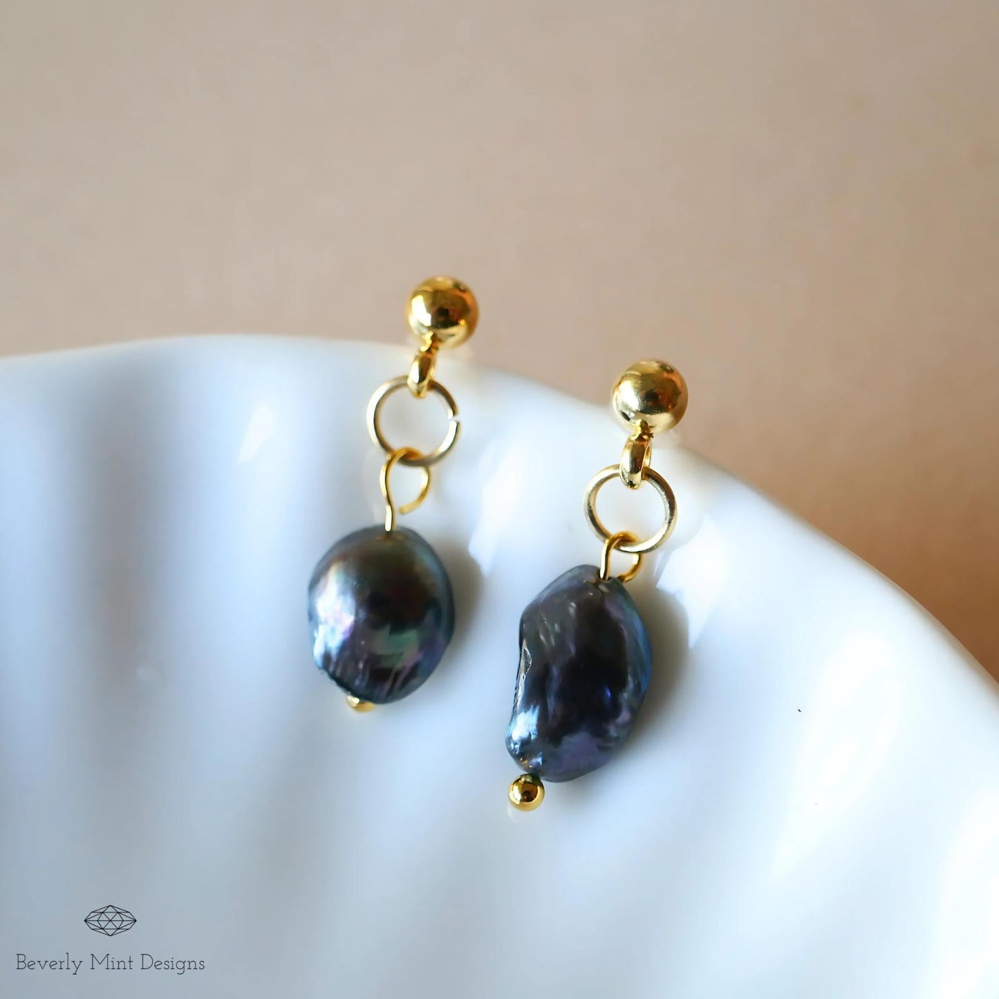 Gold Drop Earrings with Black Baroque Pearl Beads, Minimalist Pearl Dangle Earrings, Elegant Statement Jewelry, Unique, Gift For Her