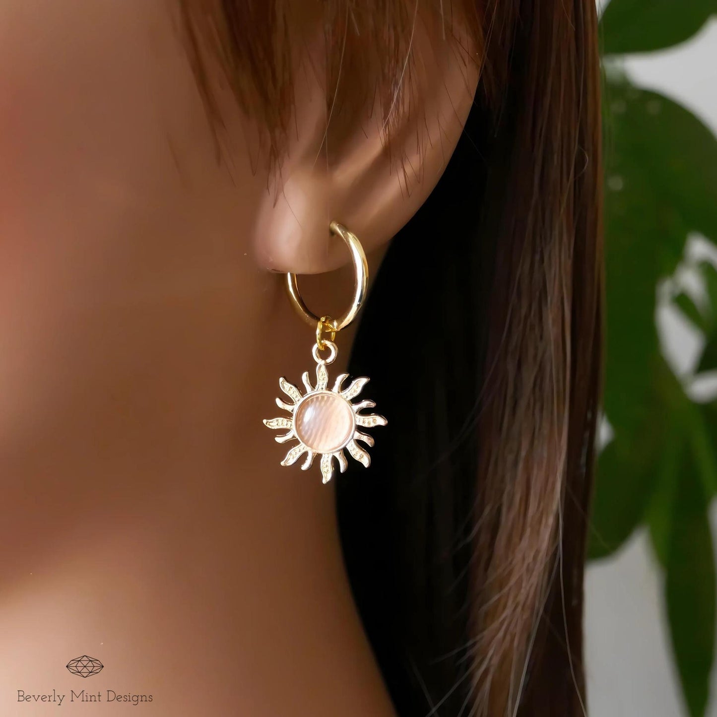 Sun Earrings , Hoop Earrings 18K Gold Sun Earrings, Pink Earrings , Boho Style Jewelry , Gold Sunburst Earrings, Gift For Her