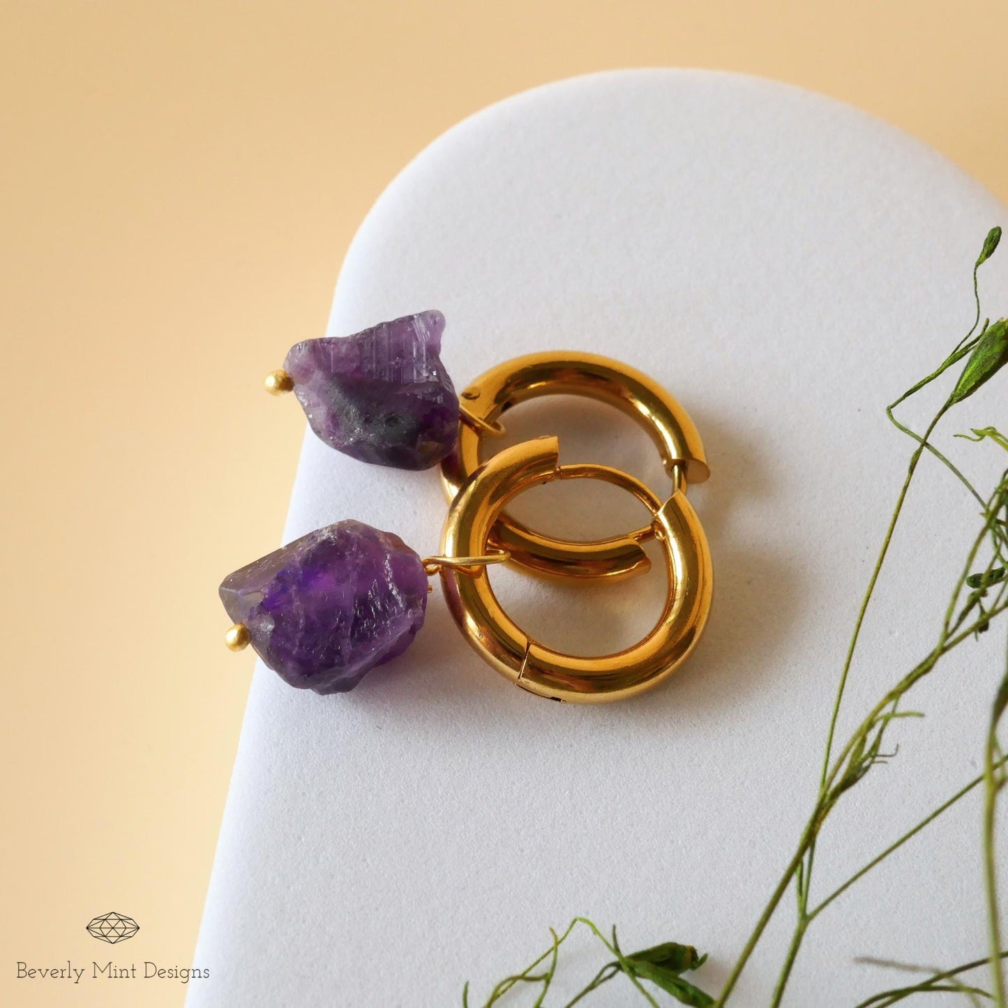 Raw Amethyst Earrings, Purple Raw Stone Earrings, 18K Gold Huggie Hoop Earrings with February Birthstone, Purple Earrings, Chakra Stone Gift