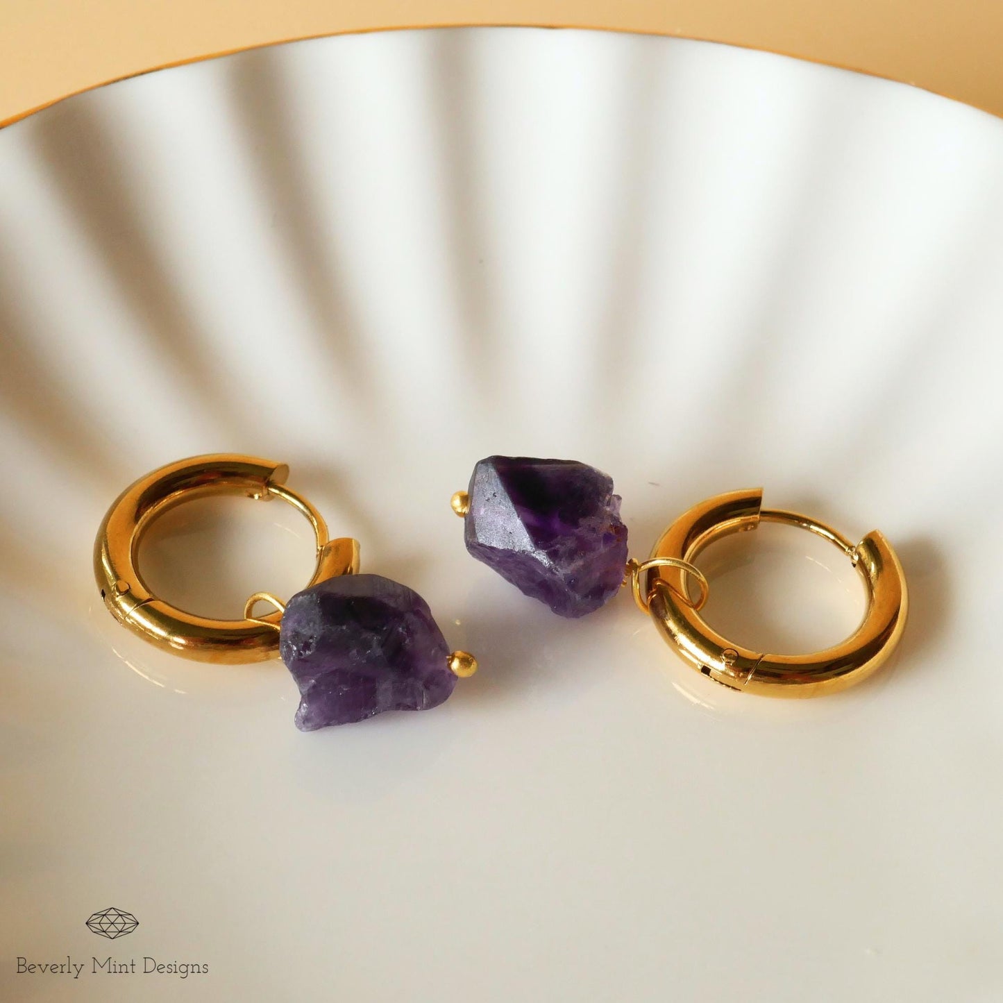 Raw Amethyst Earrings, Purple Raw Stone Earrings, 18K Gold Huggie Hoop Earrings with February Birthstone, Purple Earrings, Chakra Stone Gift