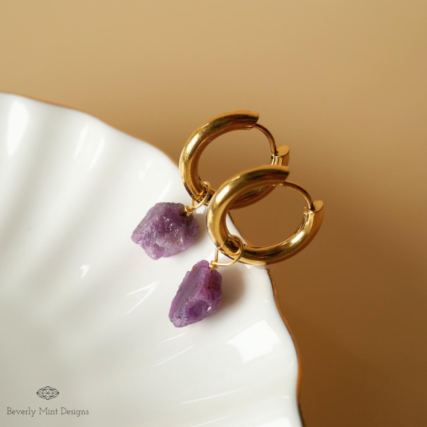 Raw Ruby Stone Earrings, 18K Gold Huggie Hoop Earrings with July Birthstone, Red Stone Earrings , Purple/Red Jewelry, Gift For Her