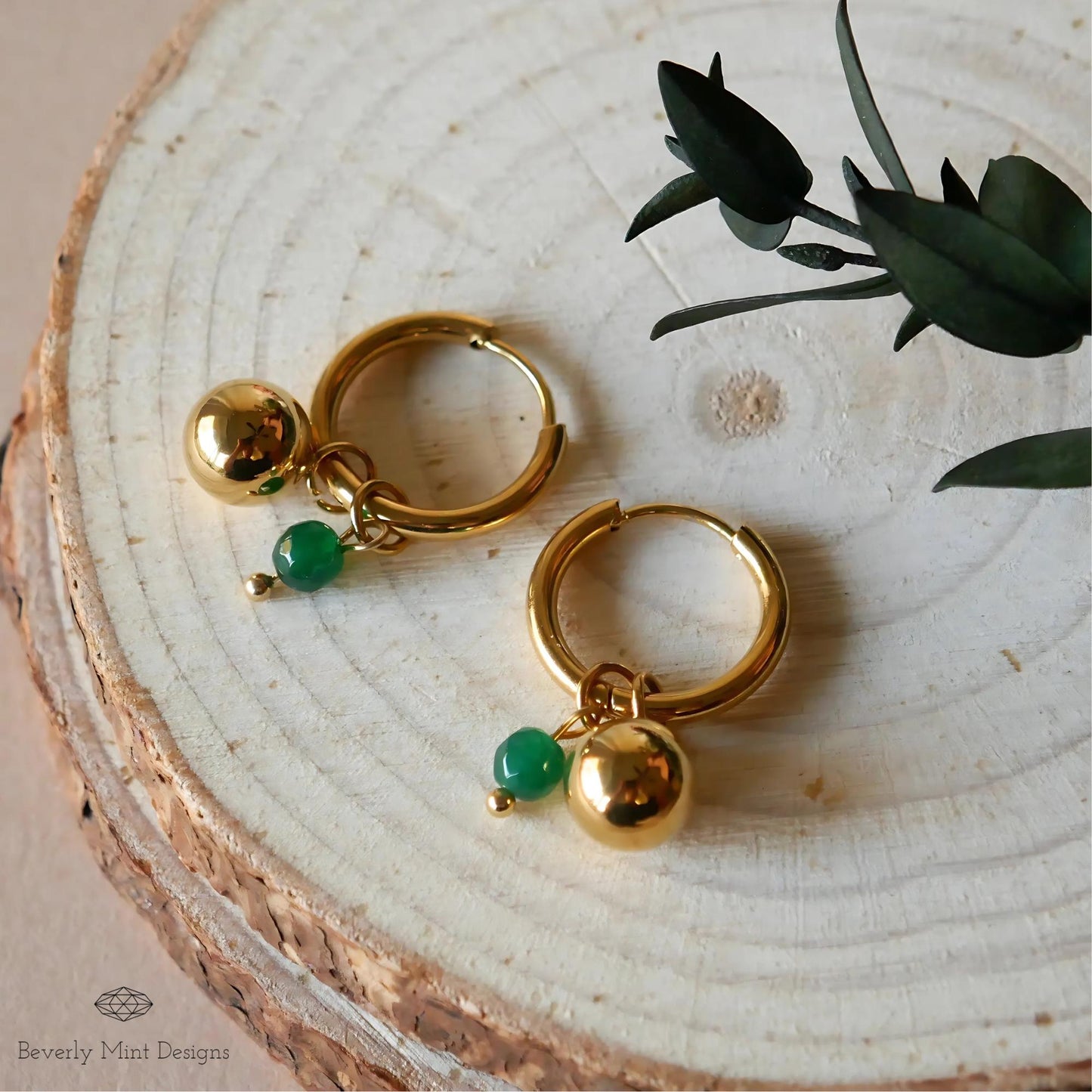 Gold Hoop Earrings with Green Bead Minimalist Dangle Jewelry Simple Everyday Earrings for Women, Everyday jewelry, Boho chic earrings,Casual