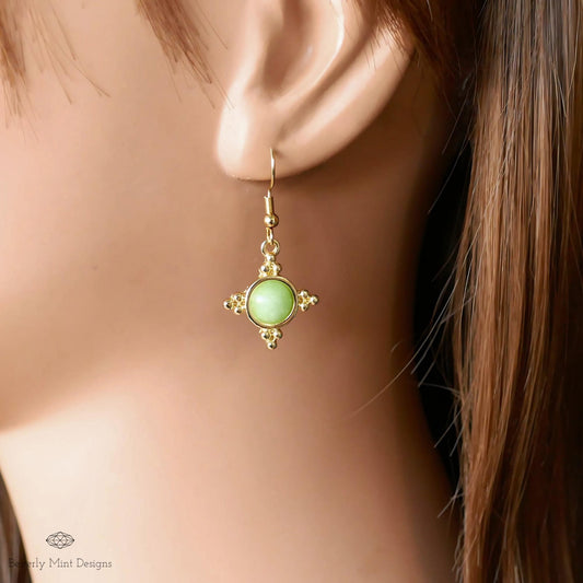 Gold and Green Dangle Earrings with Beaded Accents Boho Chic Handmade Jewelry for Women, Bohemian earrings, Unique jewelry, Gift for her