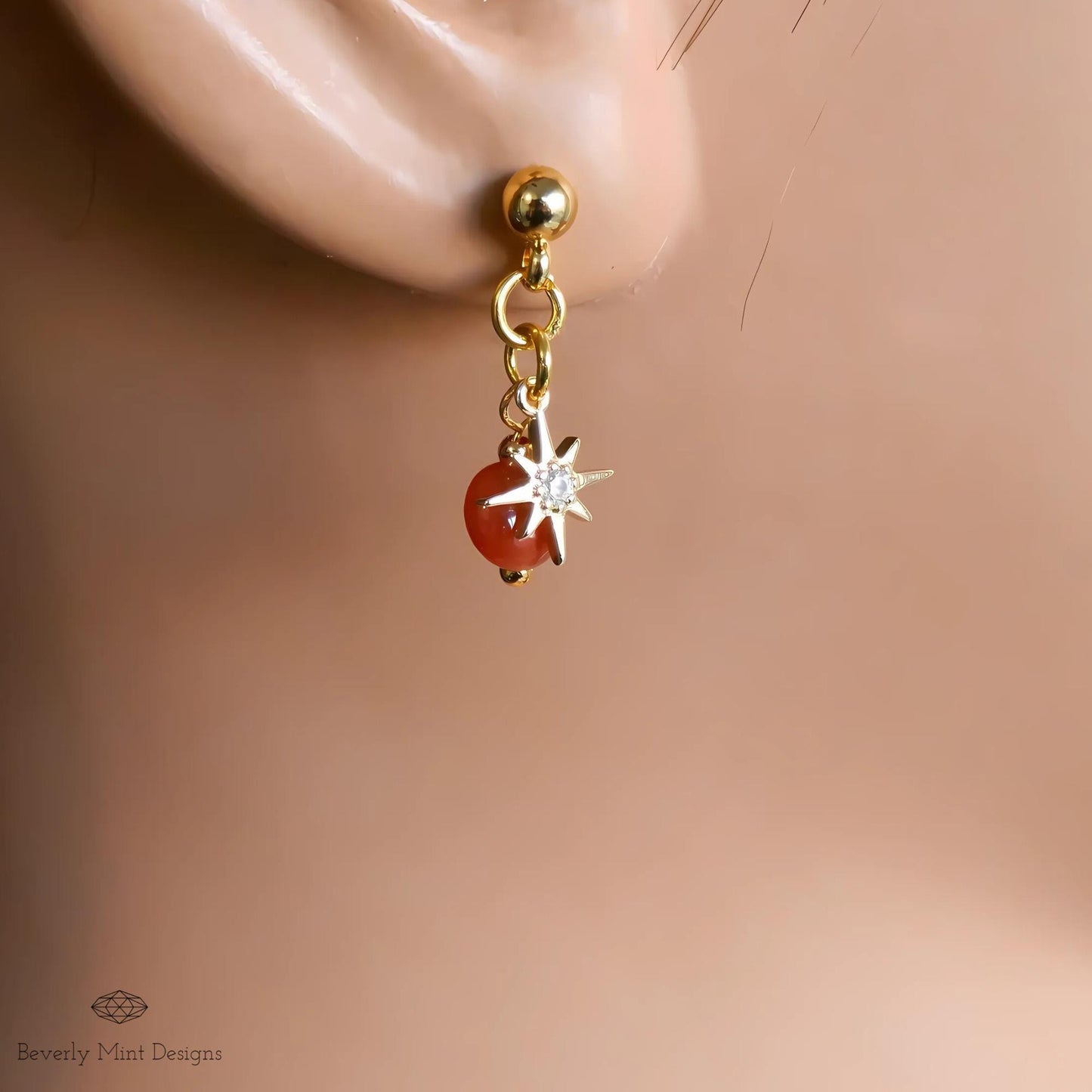 Gold Star Earrings, Minimalist Dangle Earrings, Celestial Statement Jewelry, Red Stone Dangle Earrings, Handmade Jewelry for Women