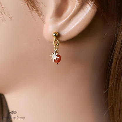 Gold Star Earrings, Minimalist Dangle Earrings, Celestial Statement Jewelry, Red Stone Dangle Earrings, Handmade Jewelry for Women