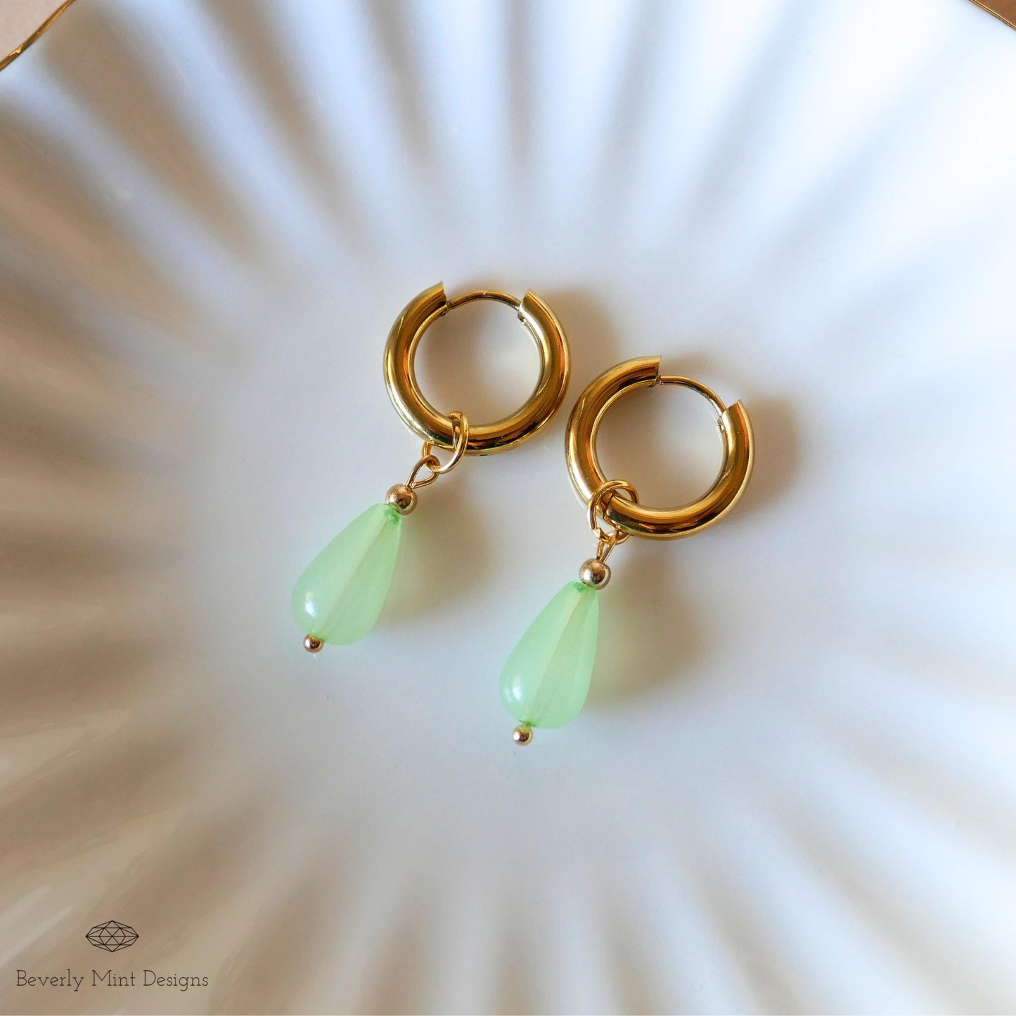 Gold Hoop Earrings with Jade Color Charm, Green Teardrop Earrings, 18K Gold and Green Drop Earrings, Mint Green Earrings, Gift For Her