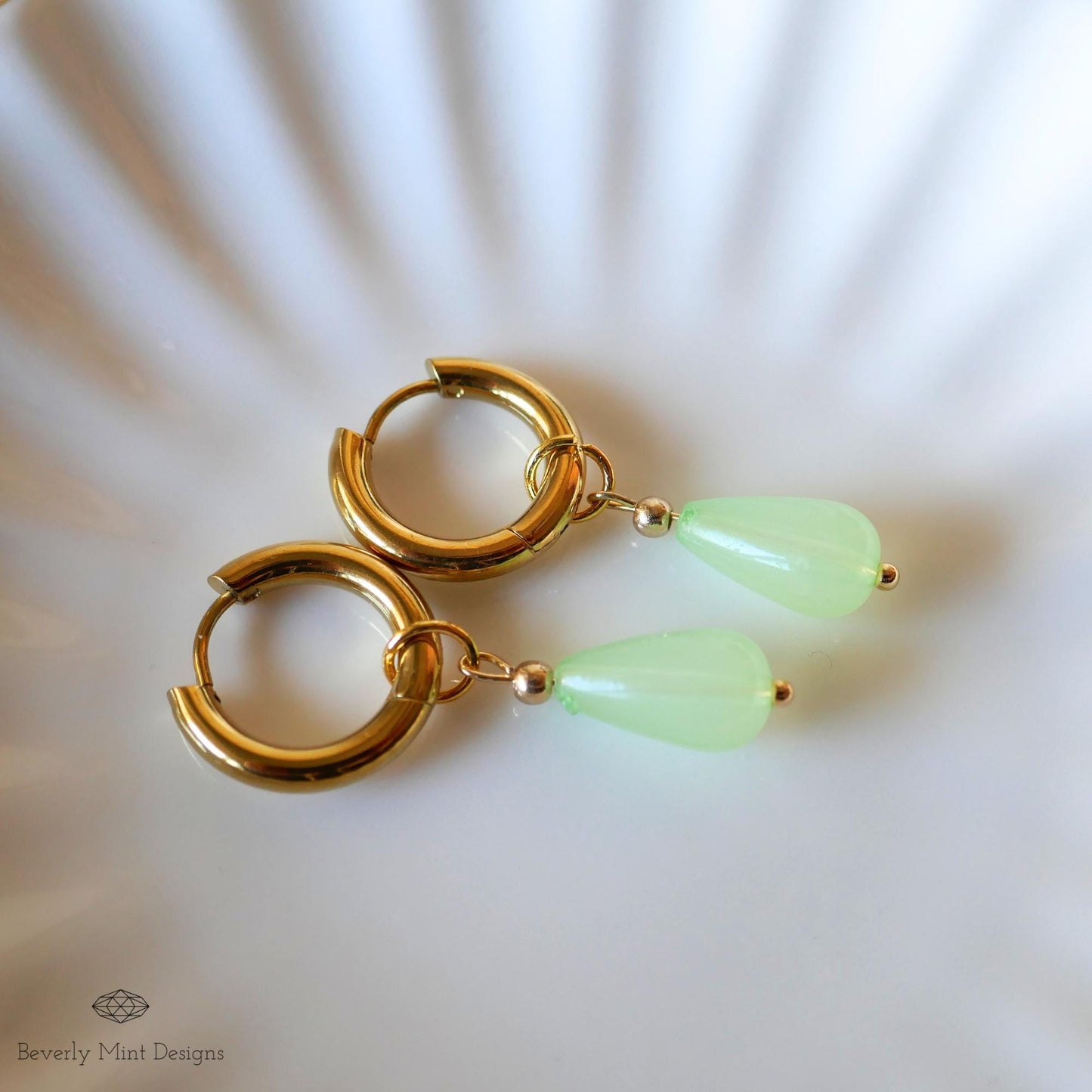 Gold Hoop Earrings with Jade Color Charm, Green Teardrop Earrings, 18K Gold and Green Drop Earrings, Mint Green Earrings, Gift For Her
