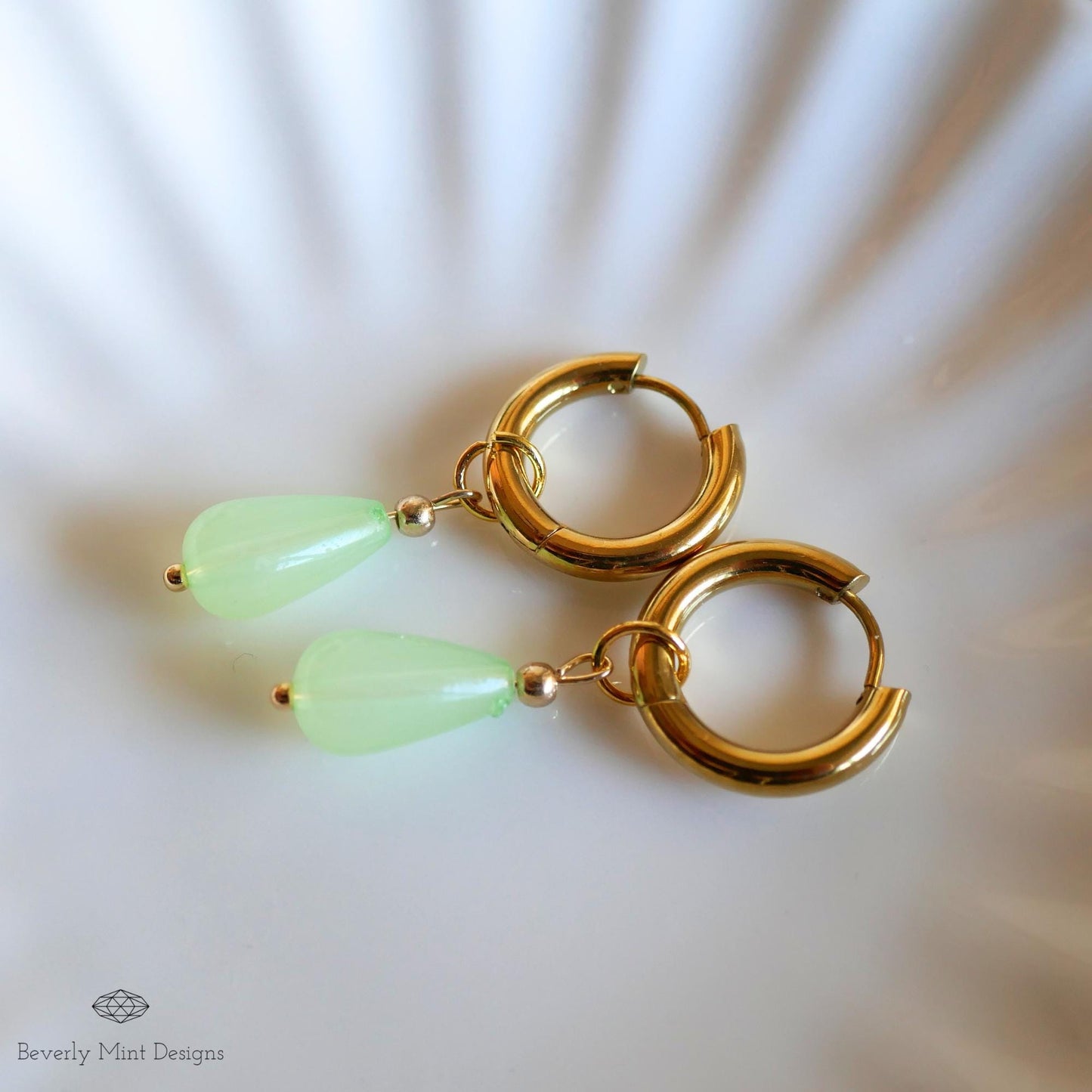 Gold Hoop Earrings with Jade Color Charm, Green Teardrop Earrings, 18K Gold and Green Drop Earrings, Mint Green Earrings, Gift For Her